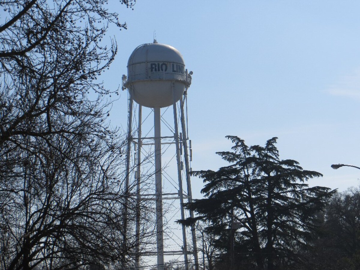 The Rio Linda water tower seen through trees